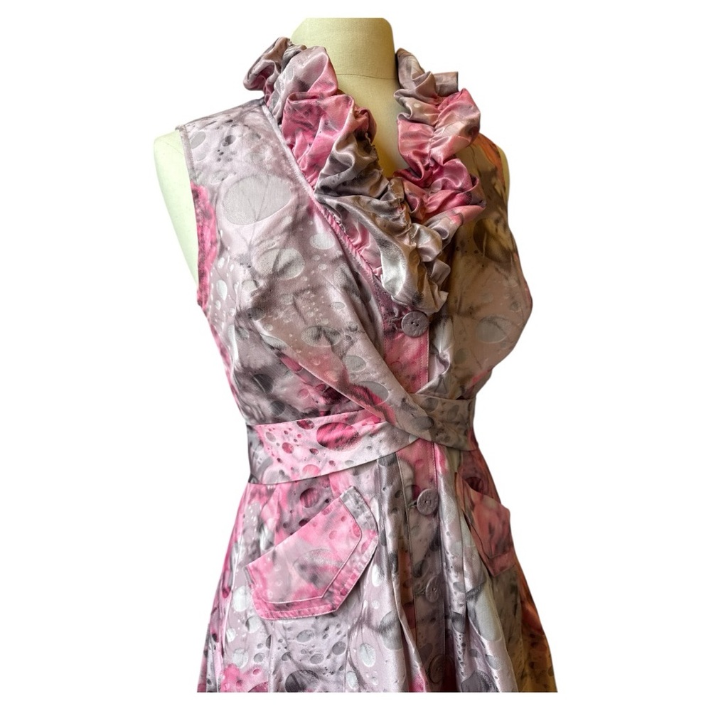 Samuel Dong Pink and Gray Ruffled V-Neck Fit-and-Flare Dress